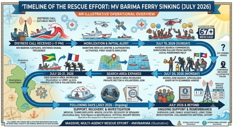 Timeline of the rescue effort for the MV Barima ferry sinking?