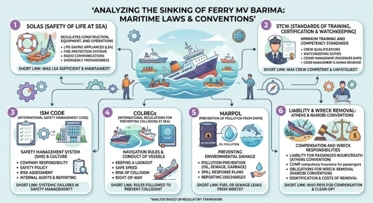 Implement the relevant maritime laws and conventions to the sinking of ferry MV Barima